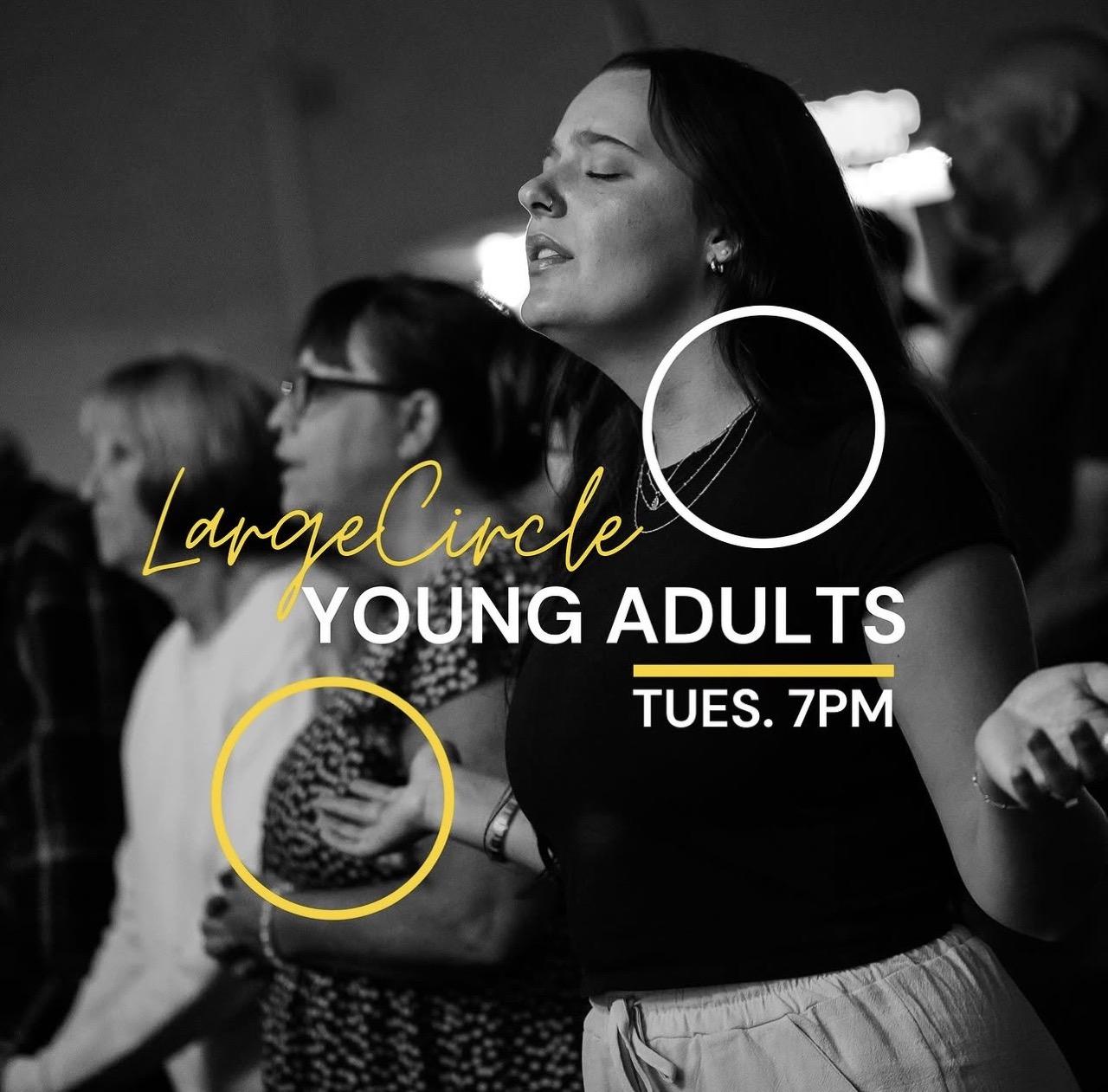 Large Circle Young Adults, Tuesdays at 7 PM: a young woman worshiping with eyes closed